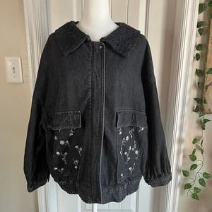 ౨ৎ ˖ ࣪⊹ black denim floral embroidered‎ axes femme jacket ₊˚⊹ ᰔ